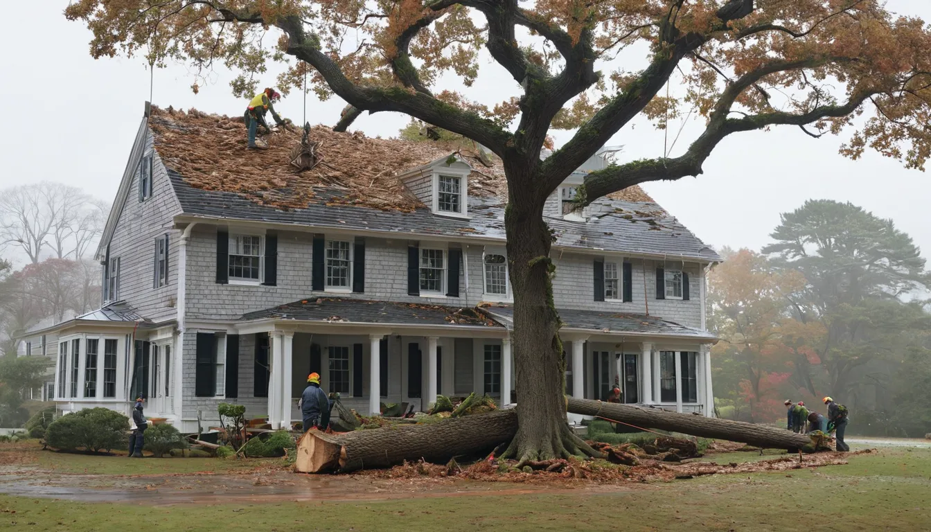 Tree service crew clearing a large fallen tree from a house roof after a storm in Harrison