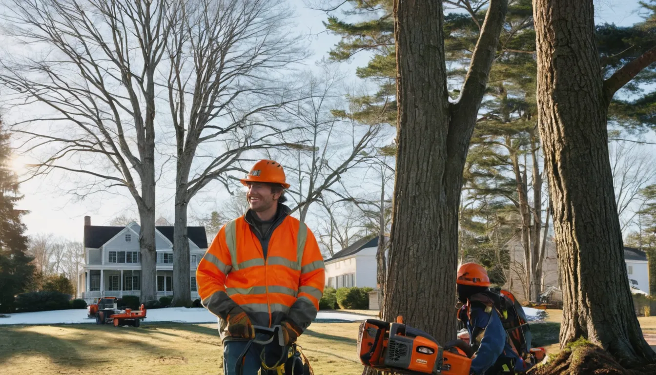 A tree provider working on a large tree beside a home in Harrison