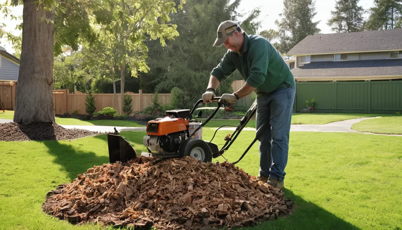 A stump grinder cutting down a tree stump in a residential yard in Harrison